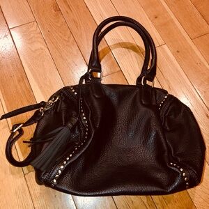 Elegant Black Leather Shoulder Bag with Goldtone Studs